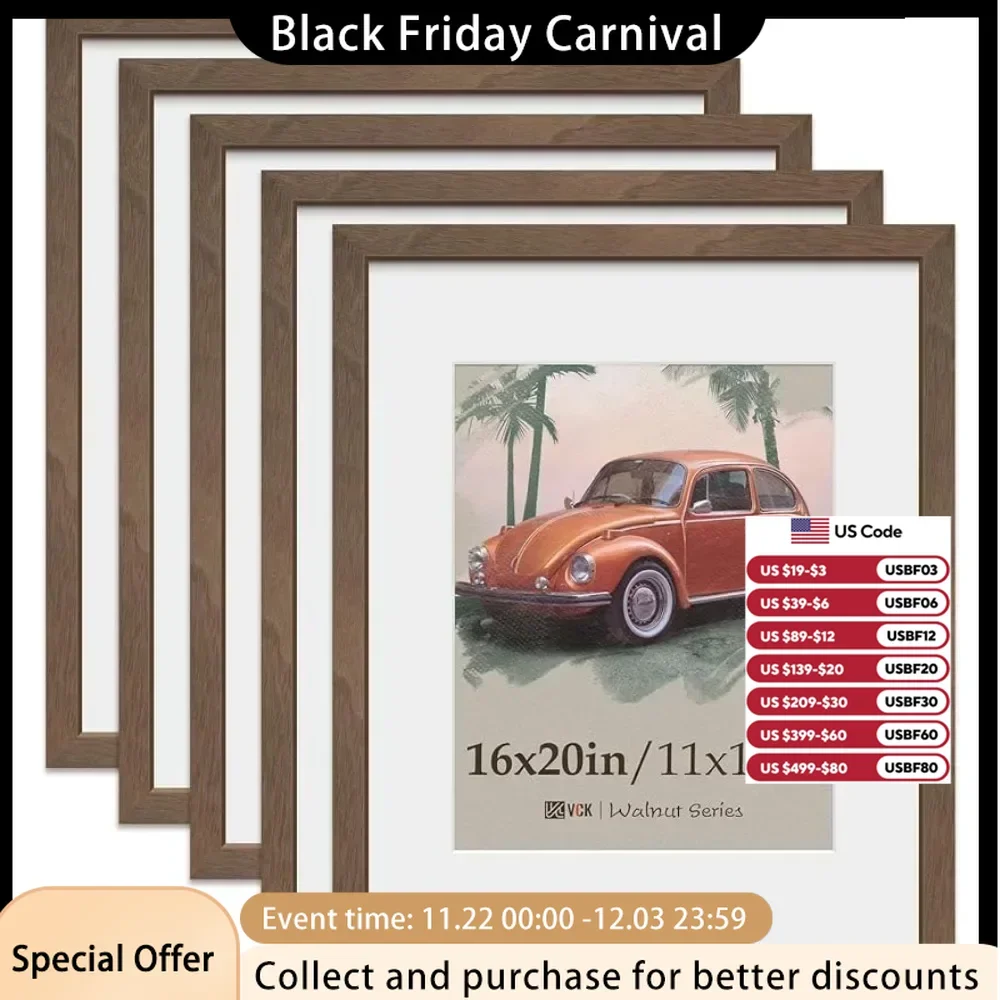 16x20 Picture Frame 5 Pack, Natural Wood Grain Brown Walnut & HD Glass, Display 11x14 Poster with Mat or 16x20 without Mat