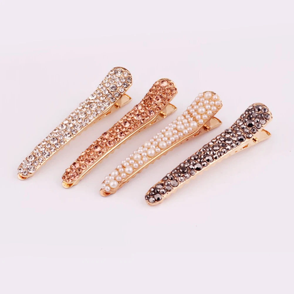 

Rhinestone Hair Clips White Pearl Black Rhinestones Gold Tone Duckbill Clips Girls Women Elegant Hairstyles Everyday Look