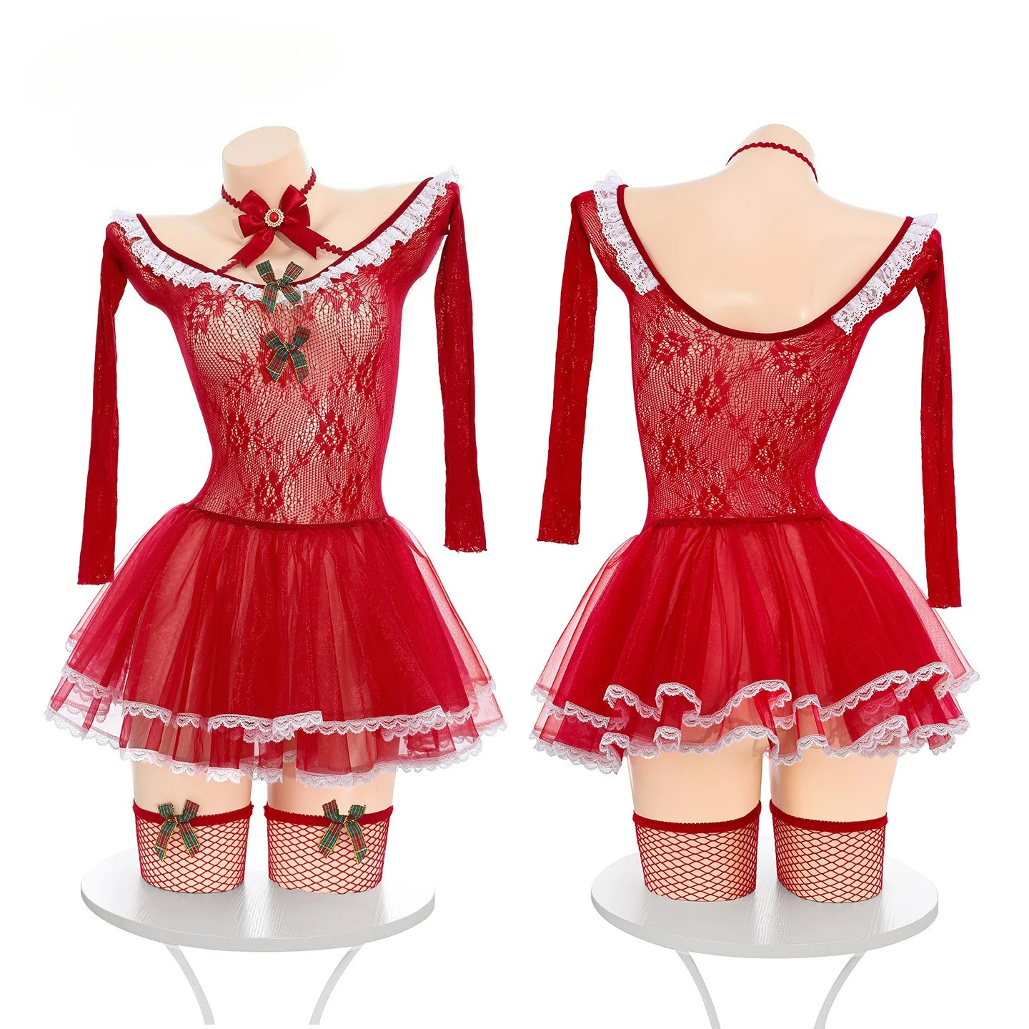 

Sexy Christmas Lingerie Set Women's Red Lace Off-Shoulder Long Sleeve Babydoll Santa Role Play Outfit Erotic Nightwear