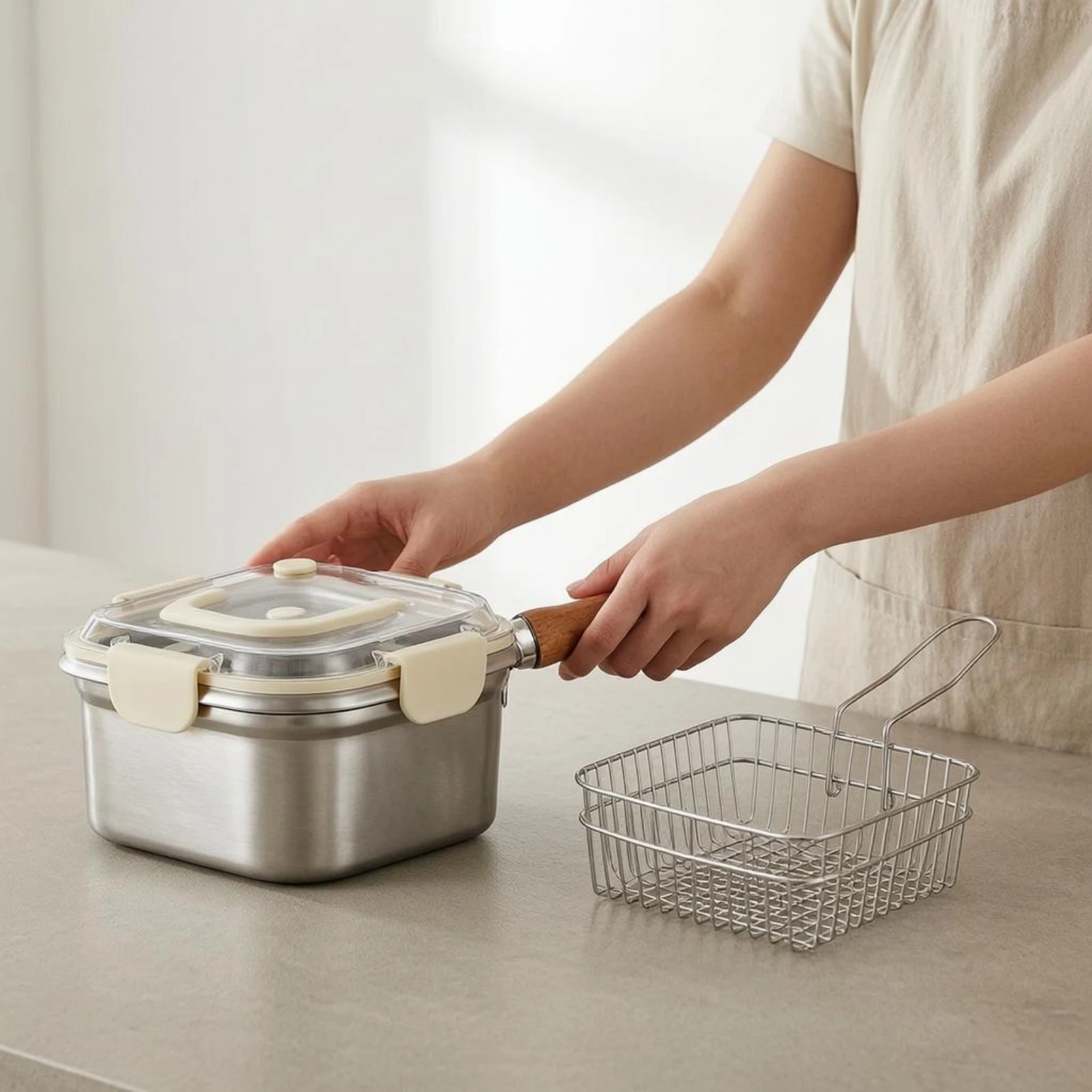 2 Pieces Deep Fryer Pot with Lid Brushed Metal Stainless Steel Deep Fryer Pot