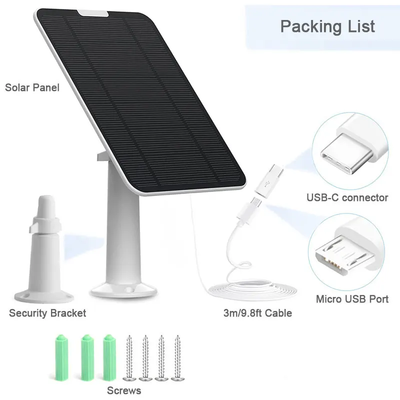 Painel Solar Compatível com Eufycam 2C, 2C Pro, E40, E20, 2, 2 Pro, E Reolink Eco, 2E, PT, 3 Pro, etc., 5V, 6W, 2 Pack