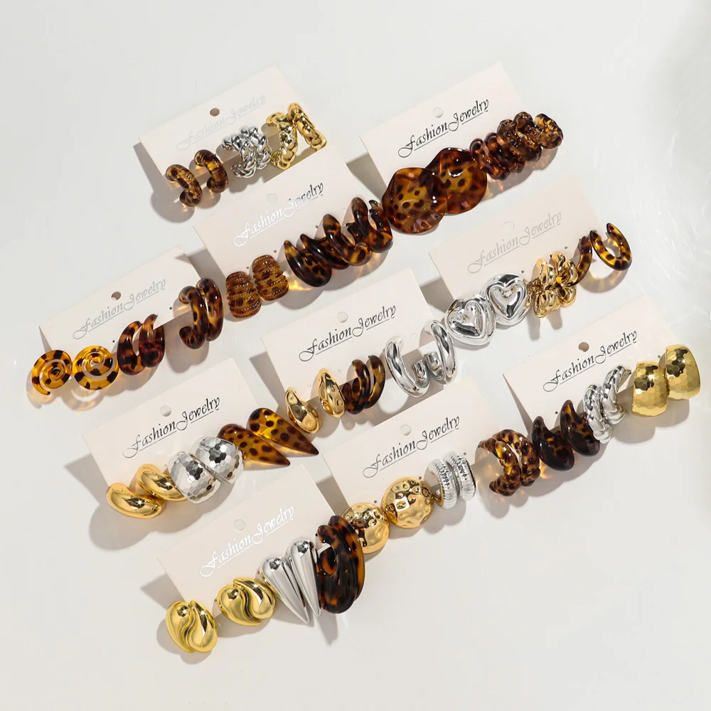 3 أزواج خمر الاكريليك الذهبي ليوبارد فضي هندسية كبيرة مكتنزة طقم من الحلقان للنساء شخصية هوب القرط 2025 مجوهرات #4