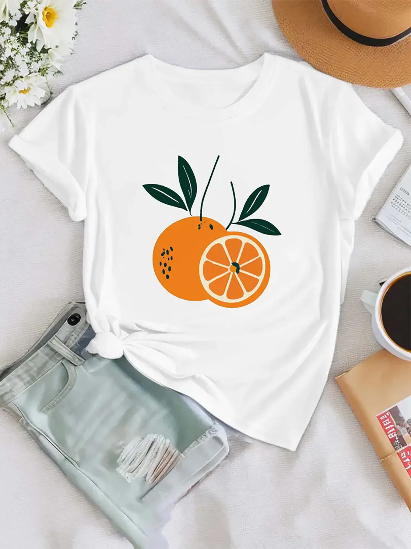 

Round Neck Elastic Suitable Spring and Summer Women'S Casual Orange Pattern Print T-Shirt- Short Sleeve