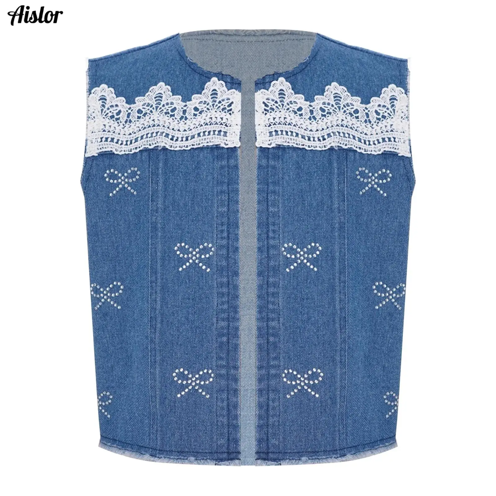 

Kids Girls Denim Vest Shiny Rhinestone Bowknots Sleeveless Open Front Raw Hem Lace Trim Jackets Waistcoat Korean Casual Waitcoat