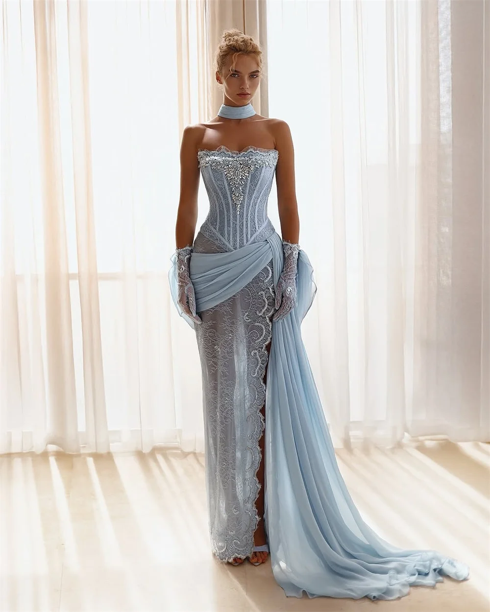 كاثي مخصص الأزرق حورية البحر الدانتيل والتطريز فساتين لحضور الحفلات الموسيقية شال حمالة vestidos de noiva ثنيات عالية سبليت مساء رسمي