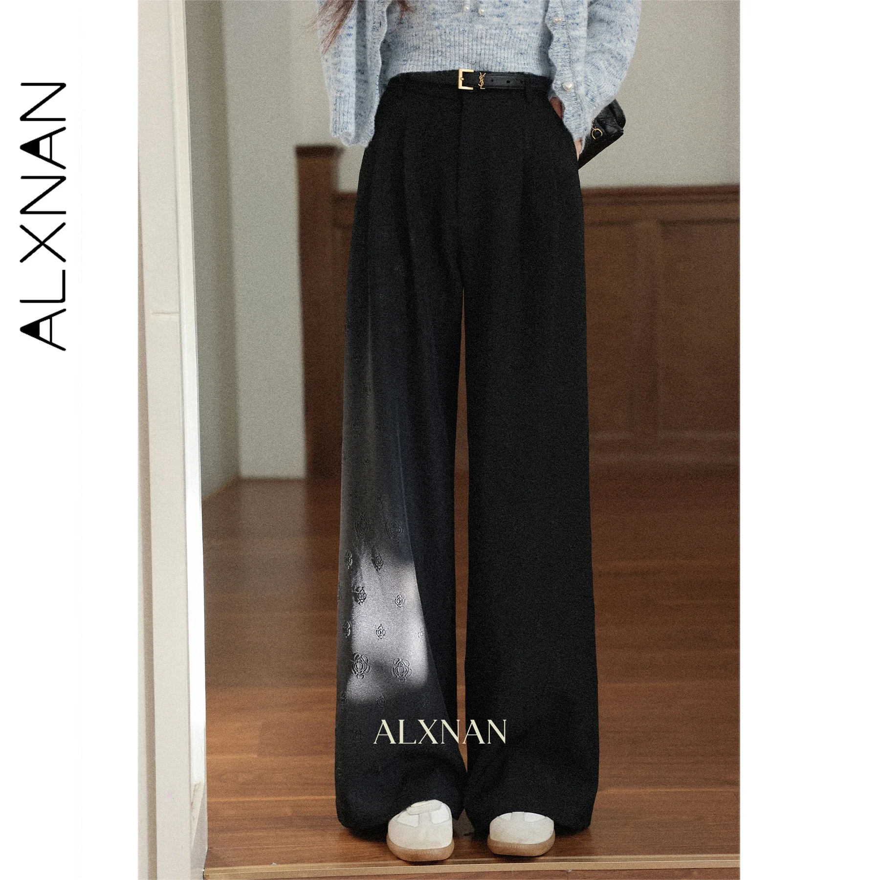 ALXNAN Women's Black Pants Straight Flowy Wide-leg Trousers 3D Embossed Pattern Wrinkle-resistant Fabric Casual Pants L57109