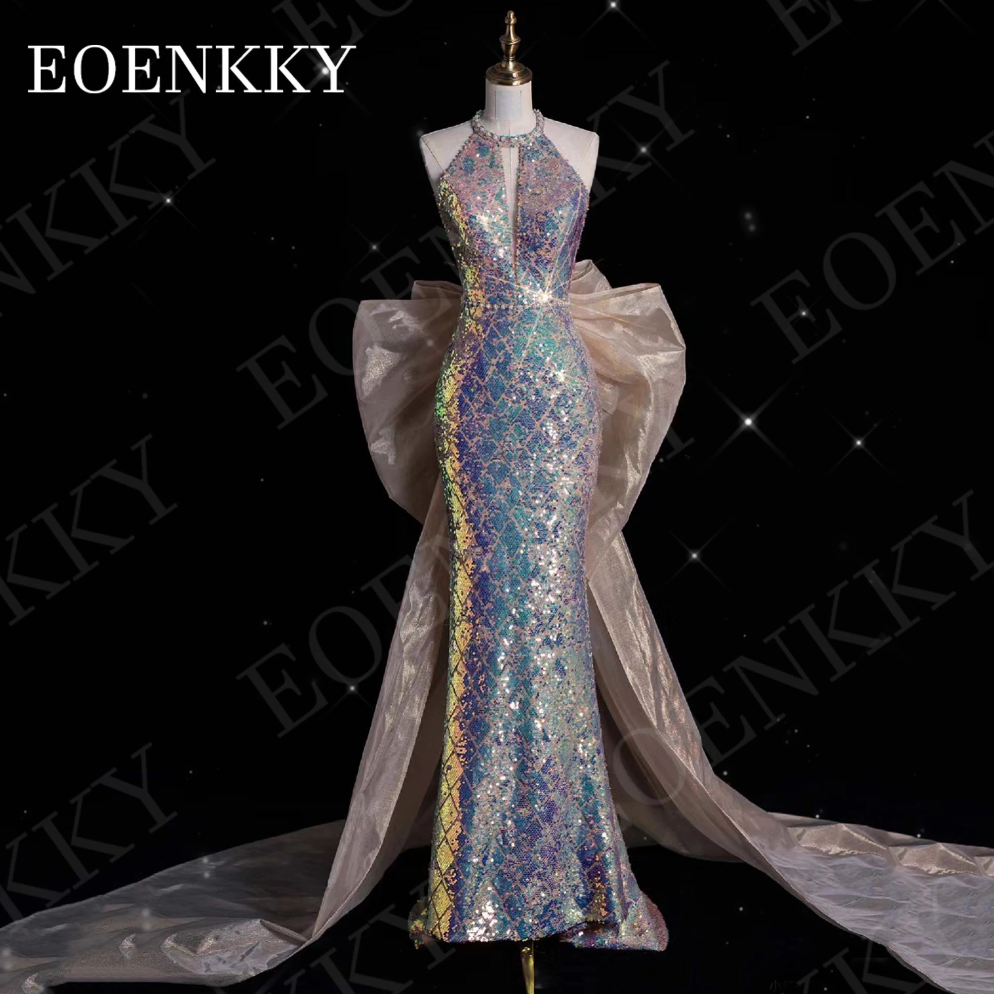 EOENKKY Halter Sparkly ชุดราตรี Mermaid สไตล์หรูหราเลื่อมชุดแต่งงานเปลือยที่ถอดออกได้รถไฟแขนกุด