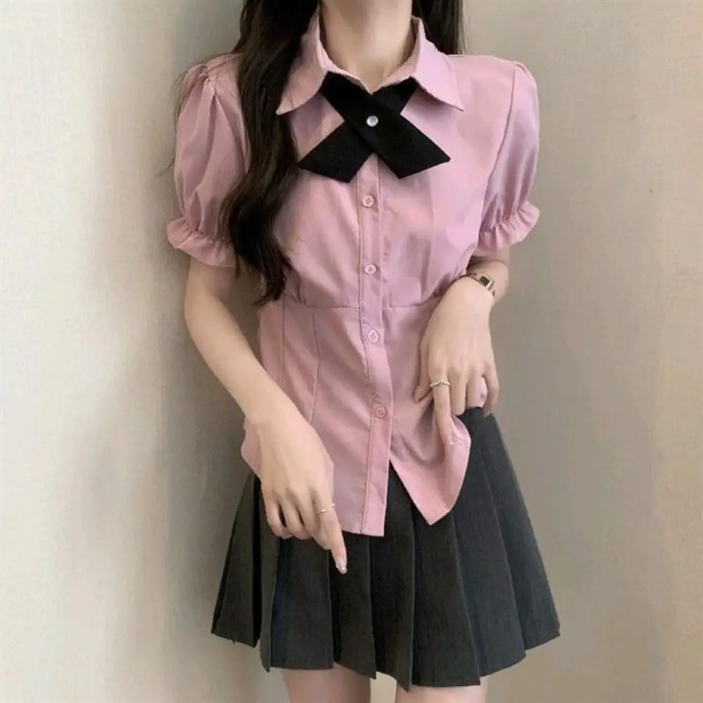 

College Style Bowknot JK Short Sleeve Shirts Puff Sleeve Preppy Style Slim Blouse Women Y2K Crop Top Sweet Girls Shirts Student