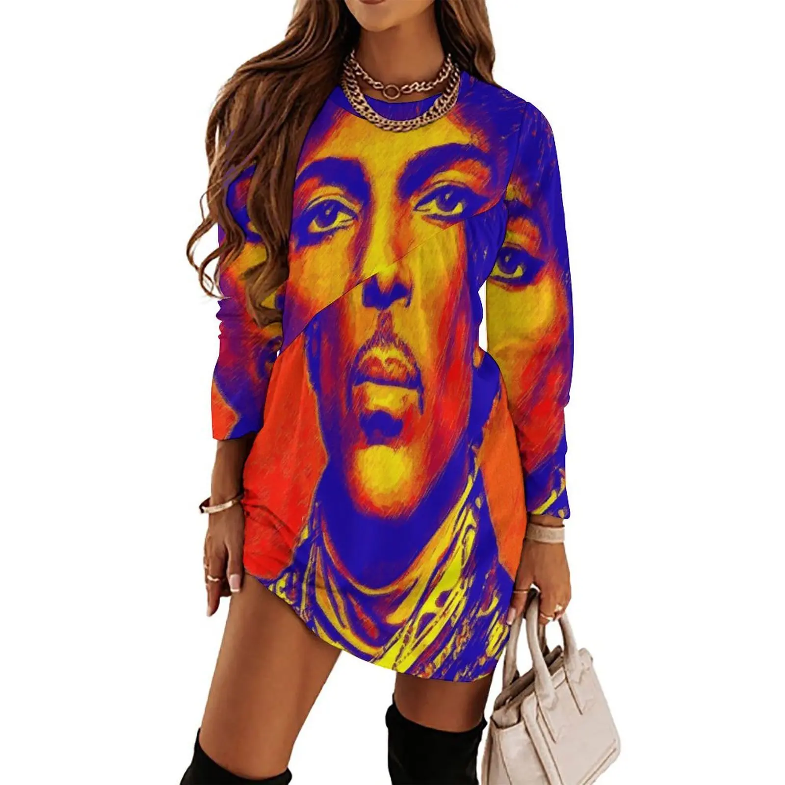 

American singer digital painting Long Sleeved Dress womens clothing ceremony dresses Long dresses dresses for women 2024