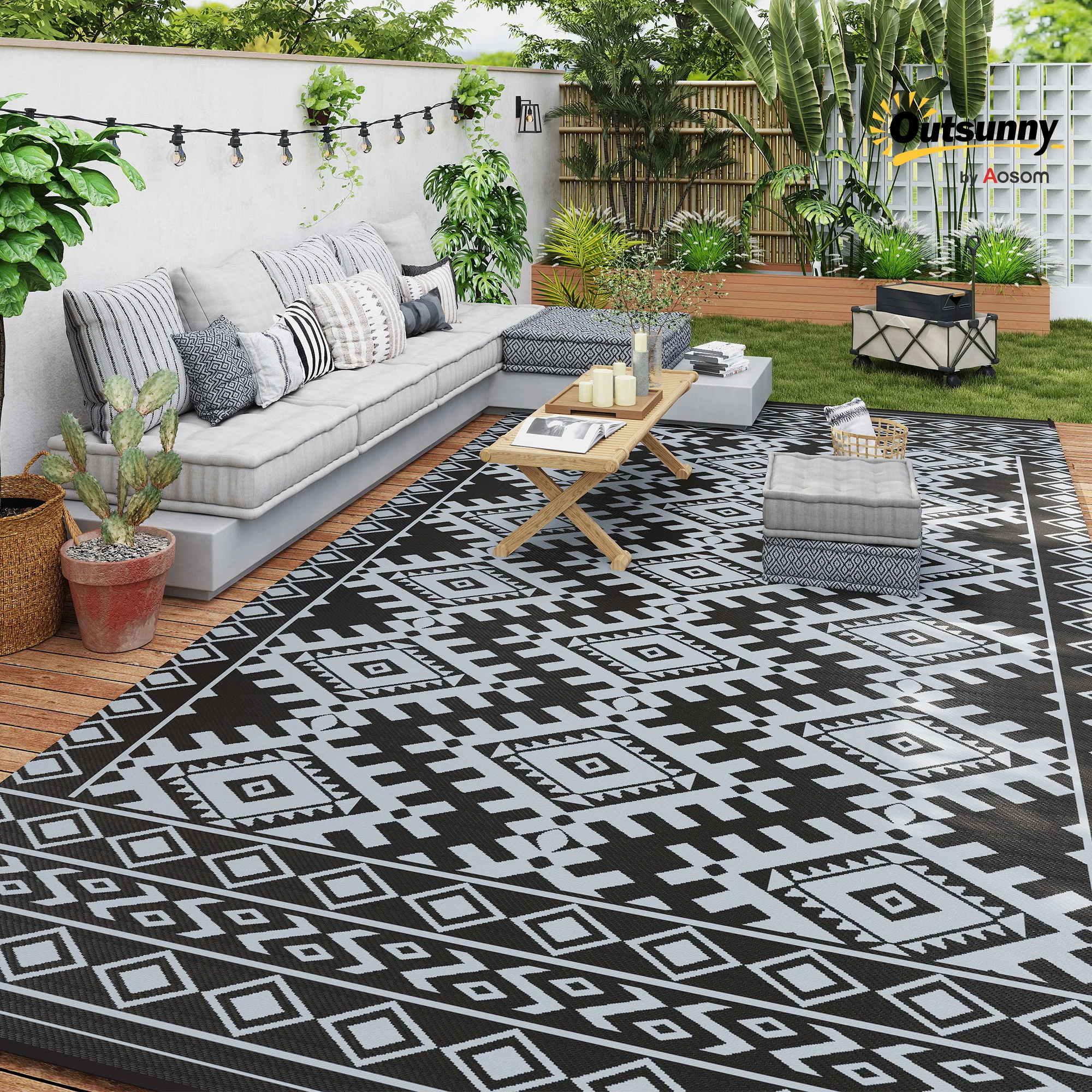 Outdoor Rug, 9' x 18' Floor Mat, Black Gray Rhombus Border