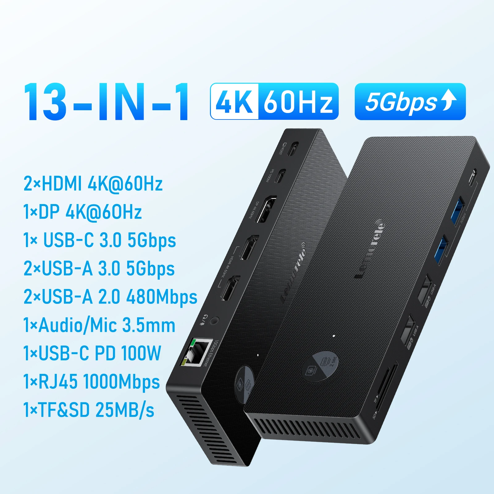 Lemorele 13 Port USB HUB 2 HDMI DP 4K 60Hz Adapter RJ45 10Gbps Splitter USB C HUB 3.0 PD 100W Charger Docking Station for Laptop