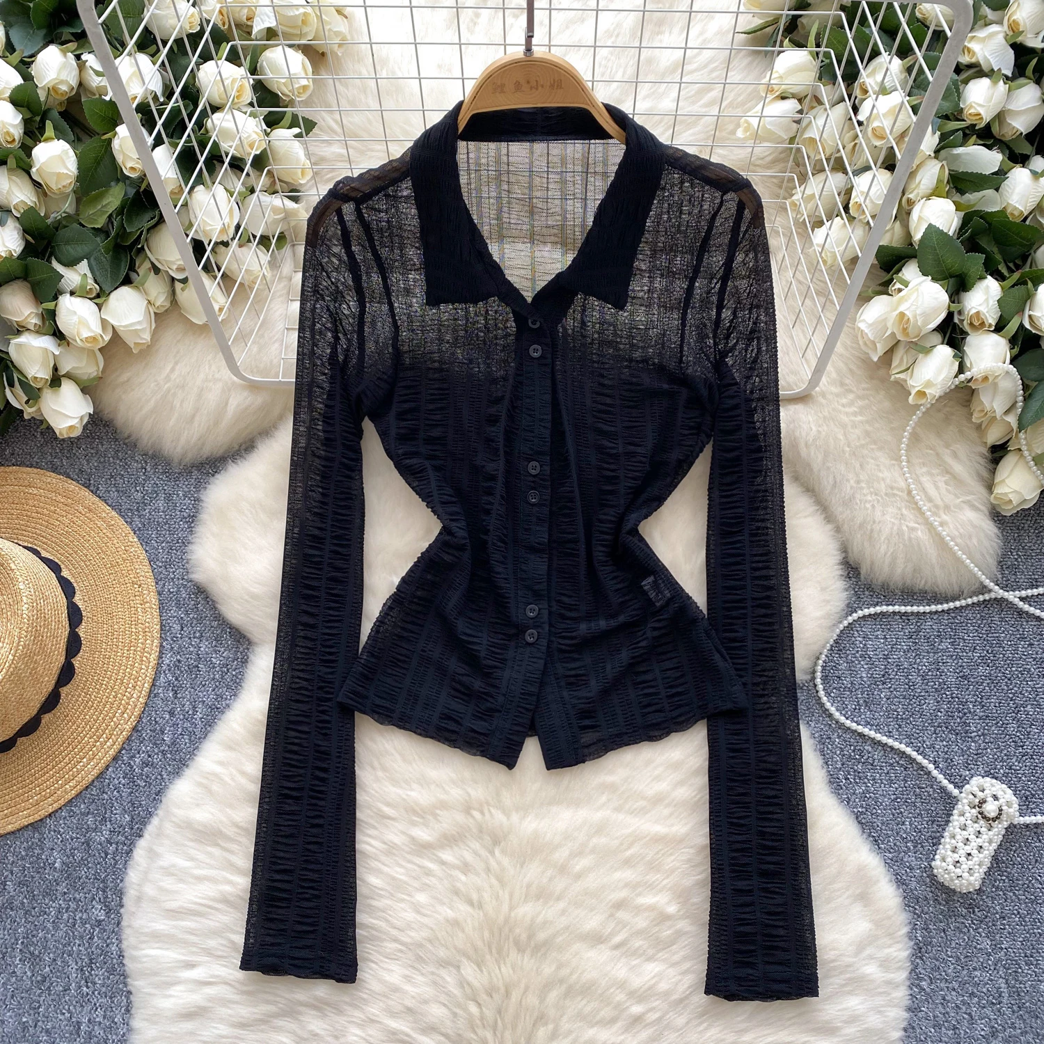 

Hotsweet Long Sleeves Elegant Turn-down Collar Chic Mesh Pleated Slim Cardigan Basics Streetwear High Street Autumn Women Shirts