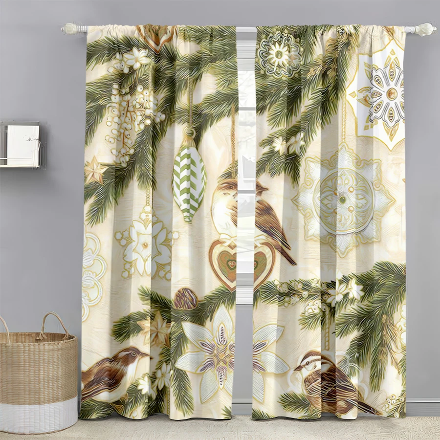 2PCS Digital Print Curtains, Cream Gold Pine Branches Snowflake Ornaments Birds White Flowers Heart Decor, Elegant Vintage Style