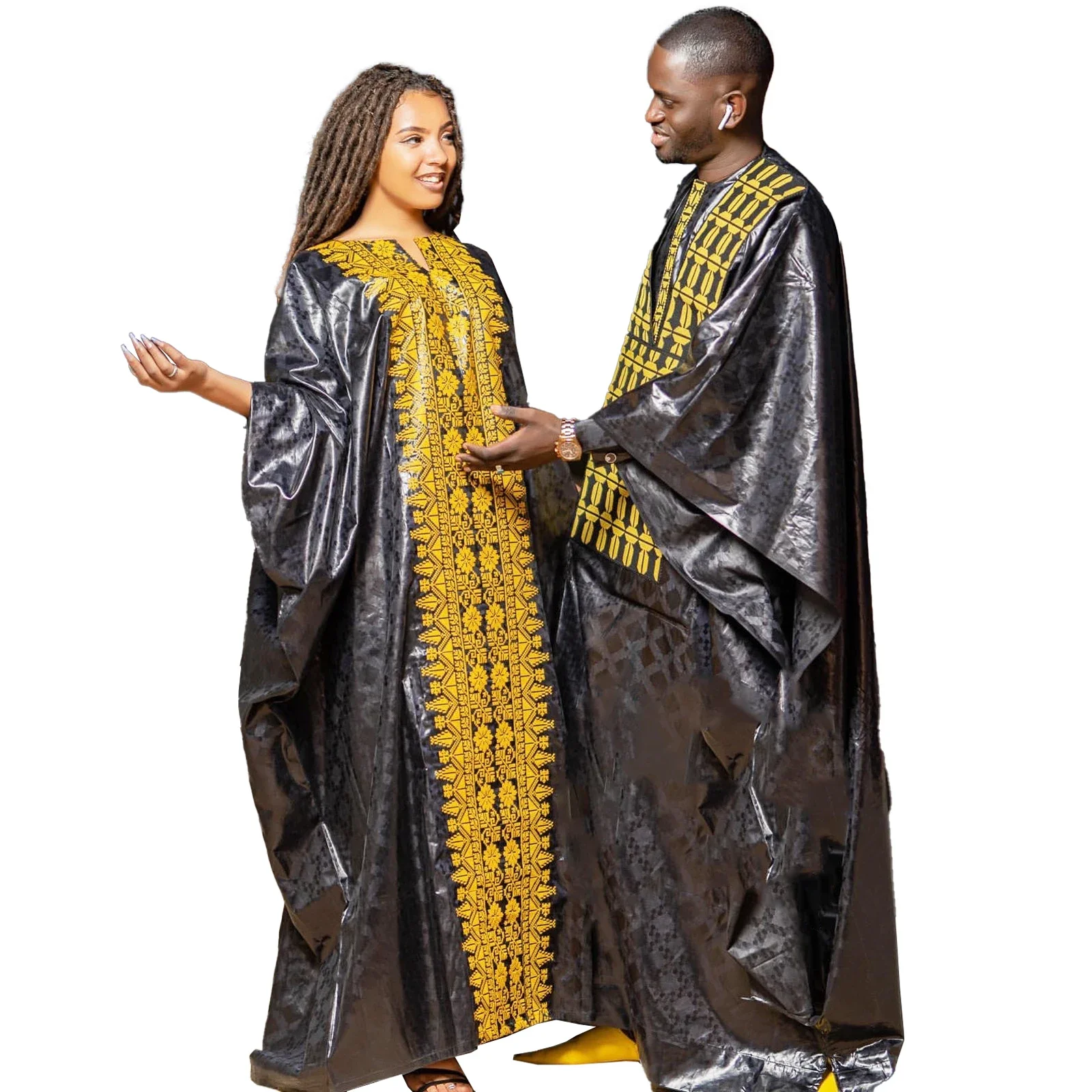 Robes Africaines Brodées Bazin Traditionnelles pour Couples, Longueur au Sol avec Écharpe, Design de Couple