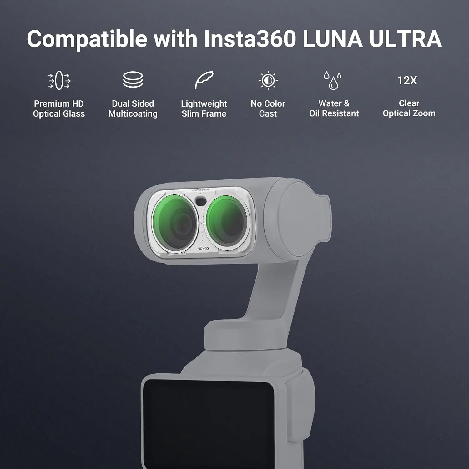NEEWER Variable ND Filter For Insta360 Luna Ultra, White Adjustable Neutral Density ND2-32 Filter, Magnetic Metal Frame