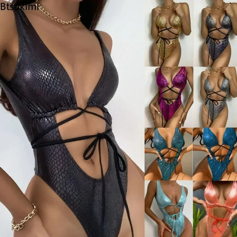 2026 Women's Sexy Snakeskin One Piece Swimsuit Stylish Metallic Rave Beach Swimwear Bikinis Set Bathing Outfit for Girls Bikinis