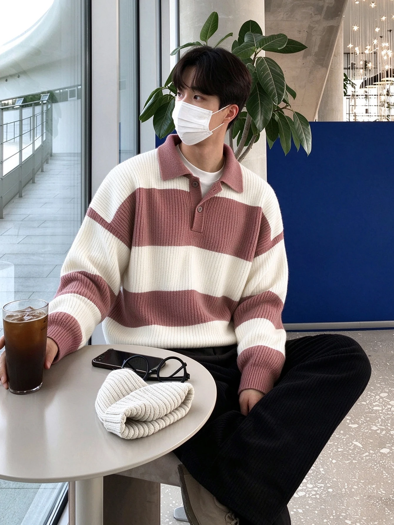 Korean Casual Unisex Oversized Striped Polo Sweater Deep Leather Red White Contrast Stripe Soft Long Sleeve Knitted Pullover Aut