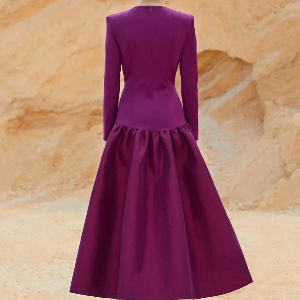 Eenvoudige Midi Avondjurk voor Vrouwen O-hals Lange Mouwen A-lijn Plooi Jersey Avondjurken Enkellange Feestjurken Op maat