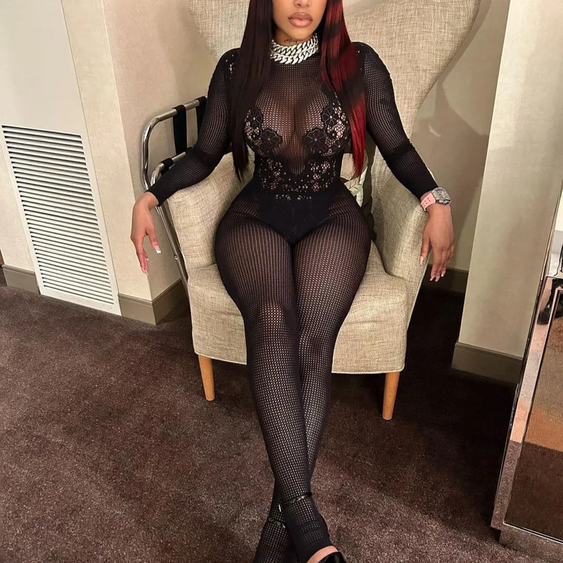 

Women Sexy Knit Jumpsuits Sheer Full Sleeve Pencil Pants Overalls One Piece Round Neck Streetwear Slim Y2k Romper Club Summer
