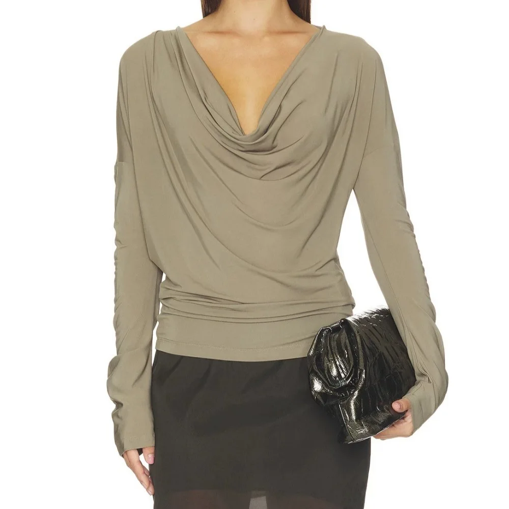 Retro Minimalist Long Sleeve Tee, Draped Cowl Halter Neck Slim Waist Cut Dark Aesthetic Vintage Daily Wear Top