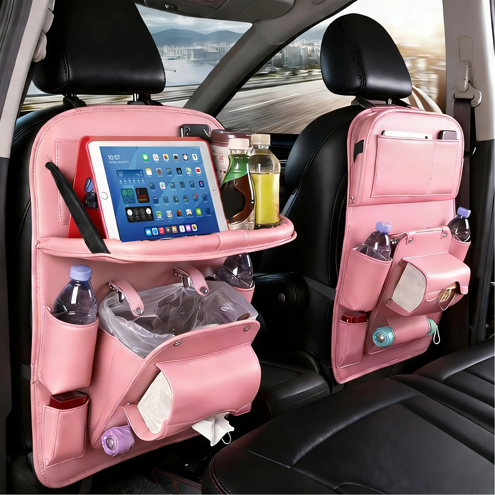 Buy One Get Two Car Backseat Organizer,Featuring A Foldable Tray, Built-in Tissue Holder,Floor Mat, and Multi-pocket Hanging Bag