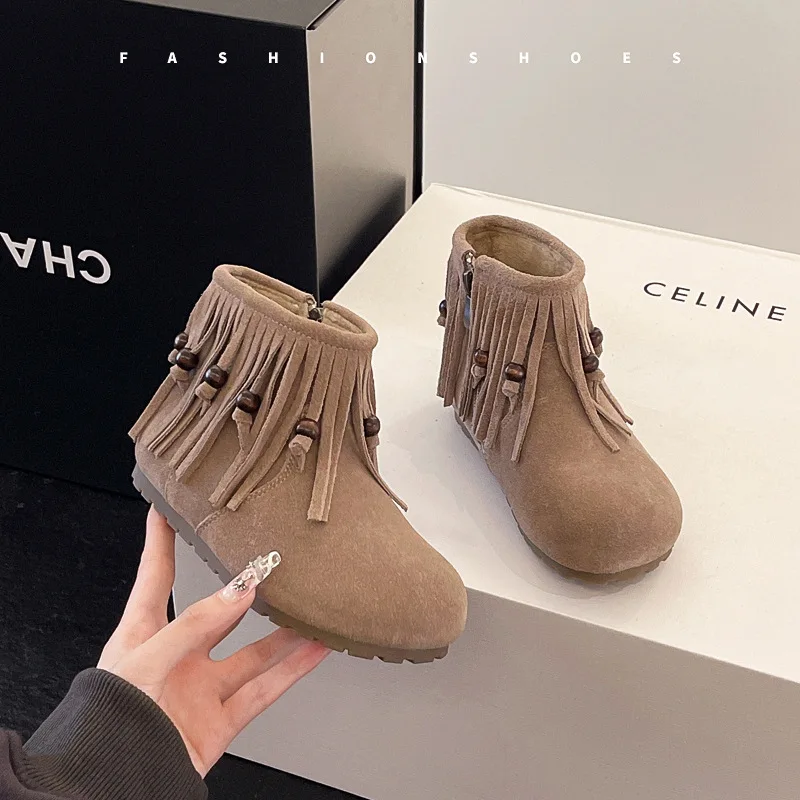 Fashion Retro Girl Tassel Ankle Boots 2025 Winter New Retro Ethnic Style Kids Denim Boots Comfort Anti Slip Girls' Snow Boots