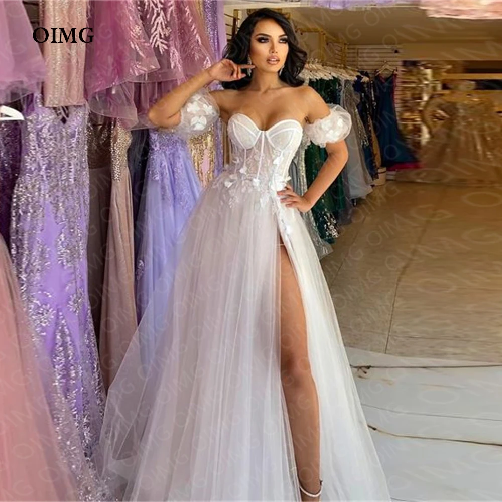 

OIMG Modest Lace Side Slit A Line Wedding Dresses Tulle Sweetheart Off Shoulder Princess Bride Bridal Gowns Robe de mariage