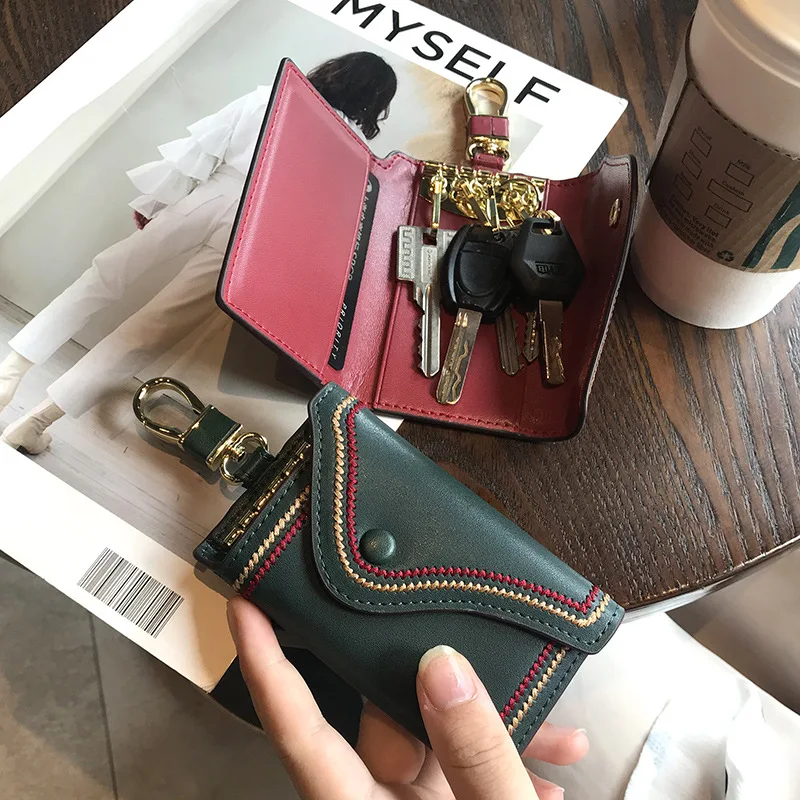 Genuine Leather Key Holder Wallet Card & ID Holders 2-in-1 Multifunctional Mini Solid Color Key Case Wallet with 5 Hooks