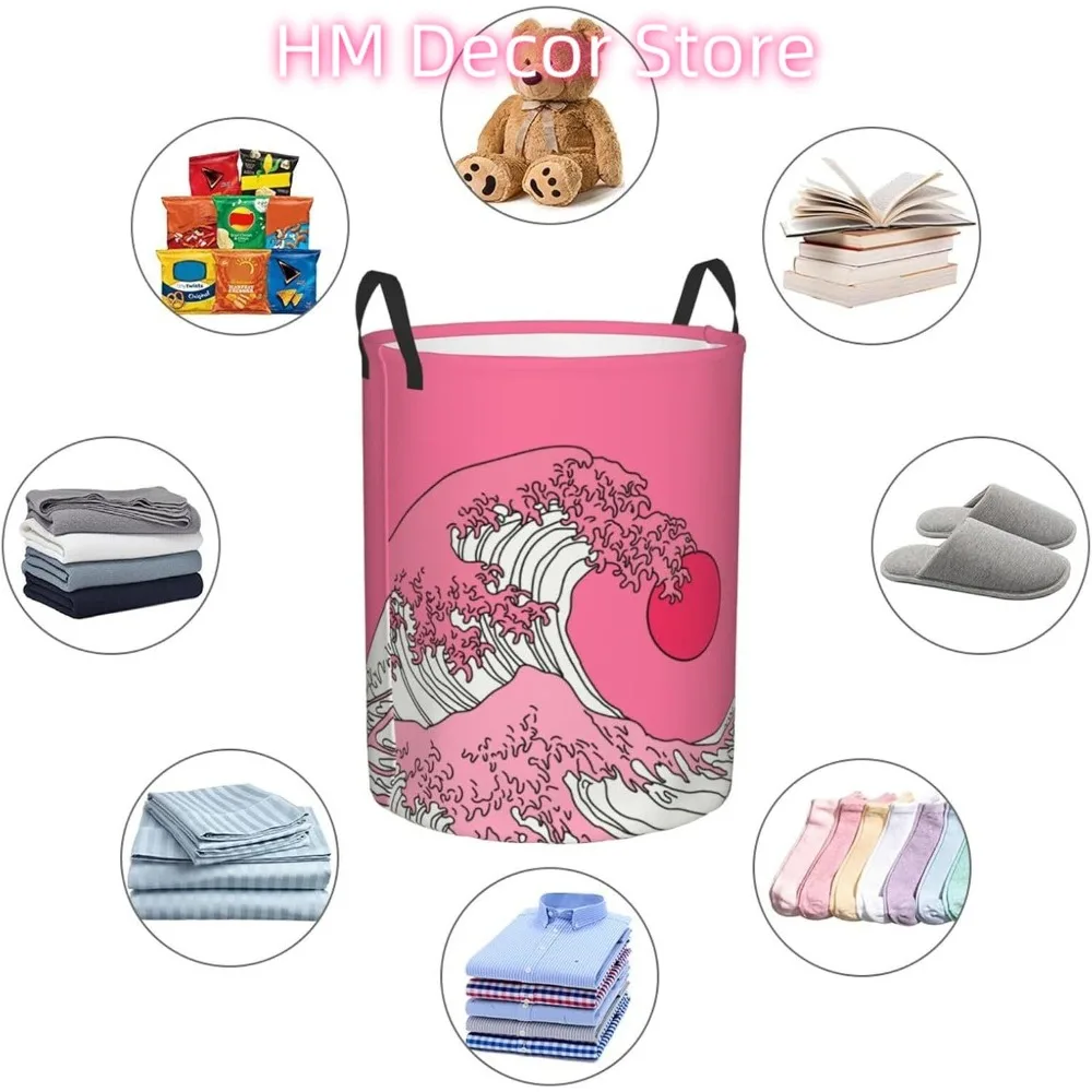 Laundry Basket Pink Wave and Sun Oxford Cloth Collapsible Laundry Hamper Storage Basket with Handle for Kitchen Bedroom Living r - view 6