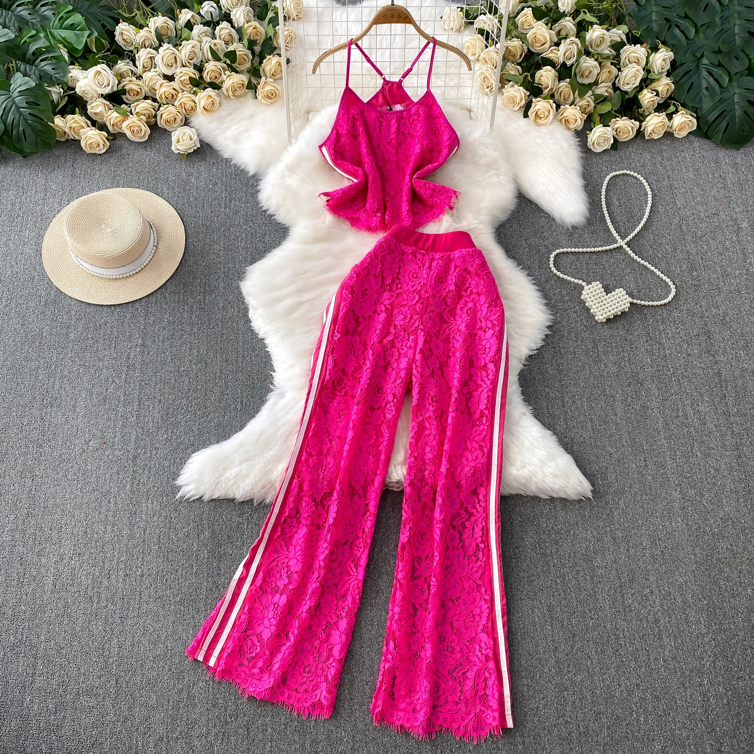 

Women Summer lace patchwork Fashion Set Strap Top Split Casual Pants Two Piece Set women clothing