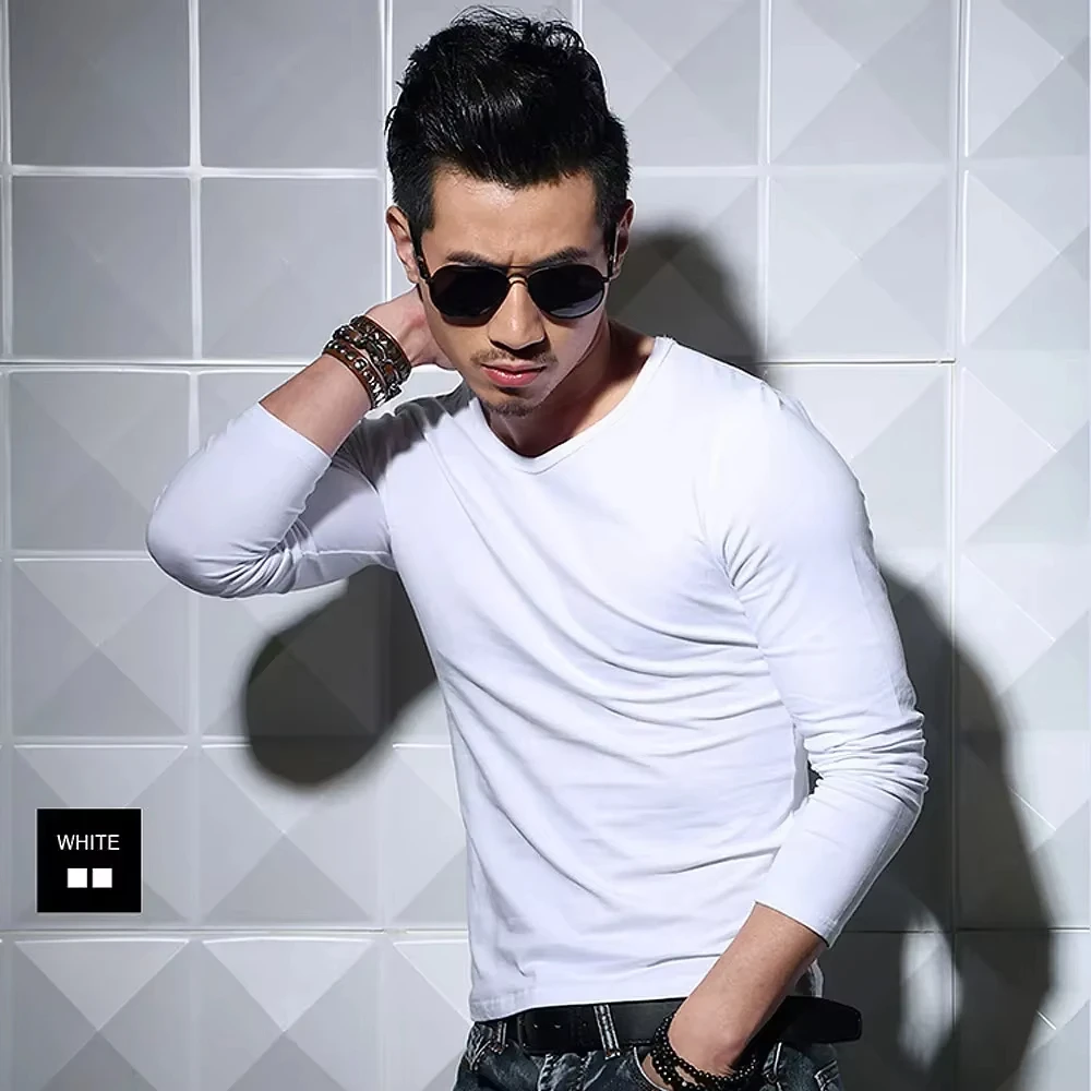 Men\'s T-Shirts Long Sleeve V Neck T Shirt 2026 MRMT Men Polyester T-Shirt Solid Color Slim Tight Man T Shirt For Male