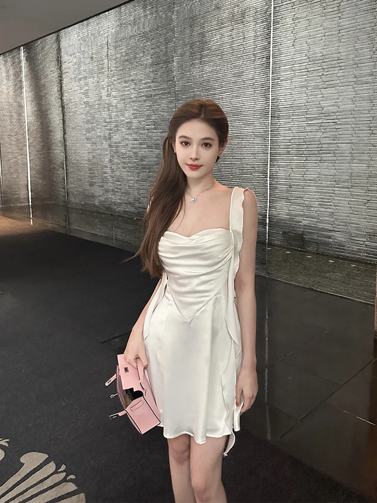 

Новое женское элегантное атласное платье Nicky Zhao Lu Si White Moonlight Fairy без бретелек, облегающее, с завышенной талией, на молнии, длинное, 2024 года