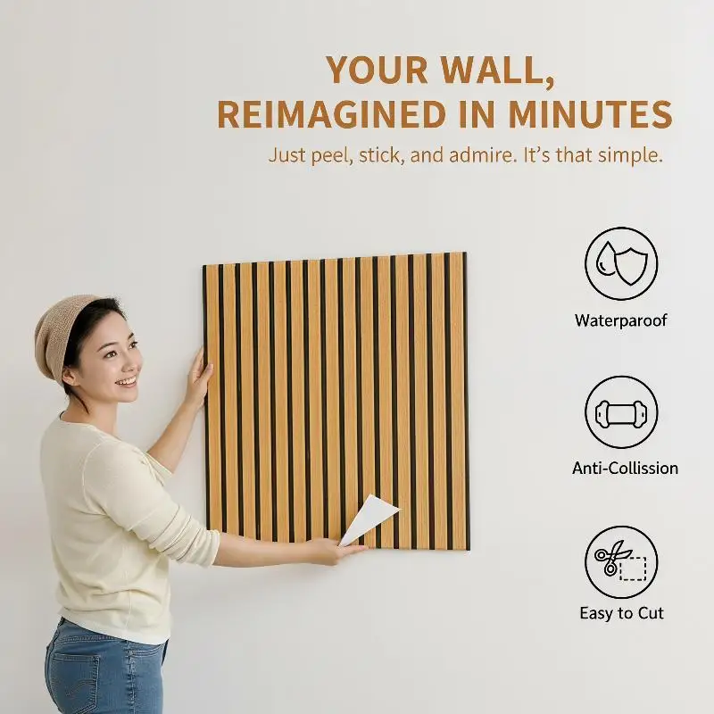 Self Adhesive 3D Wood Slat Panels Sound Absorbing Wall Decor For Living Room Office Background
