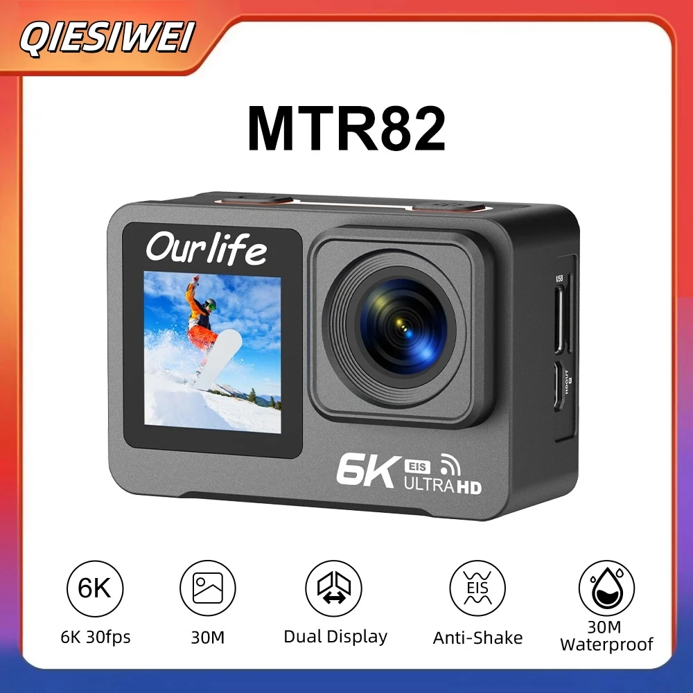 Ourlife MTR82 6K Action Camera 2.0'' Touch LCD Screen 5X Zoom WIFI Sport Video Camera 30M Waterproof Bicycle Helmet Action Cam