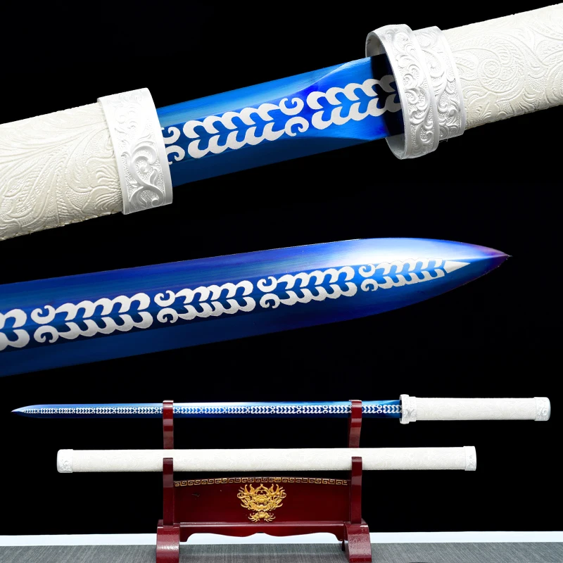 103cm Medieval White Dragon Tang Sword T10 Steel Blue Color Blade Real Full Tang Sharp Japanese Swords Ready Battle Wushu Katana