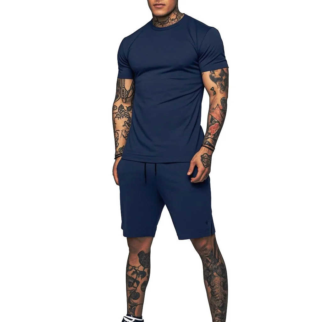 European and American Summer Men's Short Sleeved Shorts Set 2-piece Breathable Sports Set Solid Color T-shirt+cropped Shorts