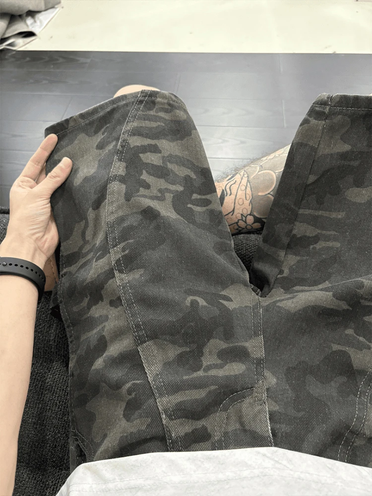 Vintage American Deconstructed Camouflage Shorts Men's Summer Oblique Cut Logging Workwear Loose Five-Quarter Mid-Pants
