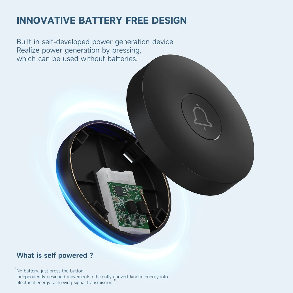 Circular Black Self Powered Wireless Doorbell AC 110v 220v US/EU Plug With 60 Rings Waterproof Long-Distance Kinetic Door Bell