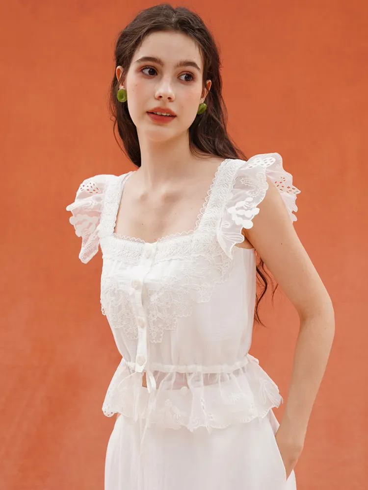 

80-88cm Bust Summer Short White Shirts Women French Vintage Elegant Slim Embroidery Square Collar Corsets Lace Shirts Blouses