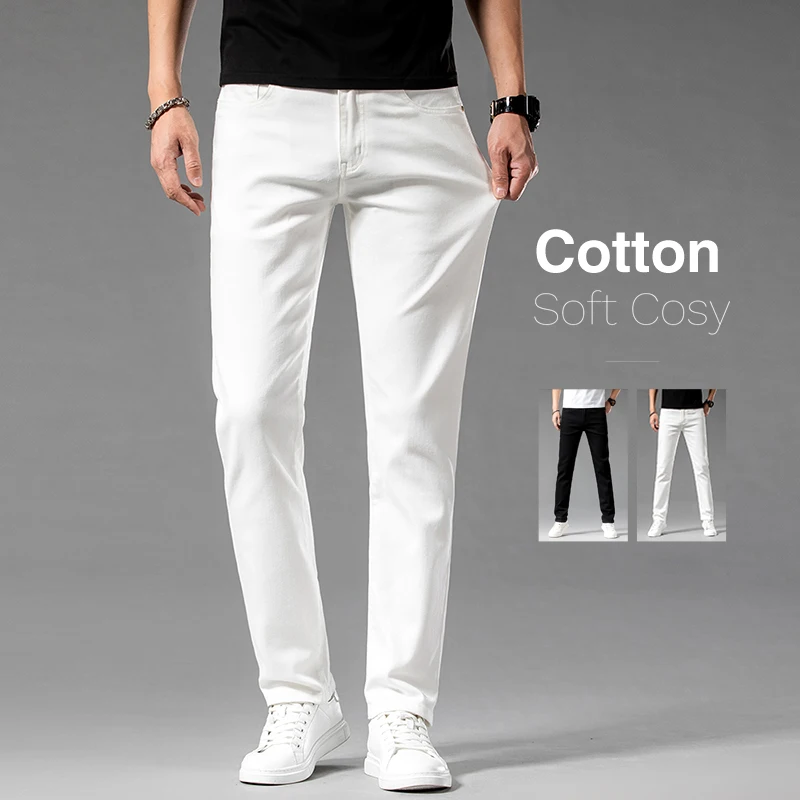 Classic Style Summer Men\'s Slim Fit White Jeans High Quality Business Fashion Cotton Stretch Denim Pants Brand Trousers