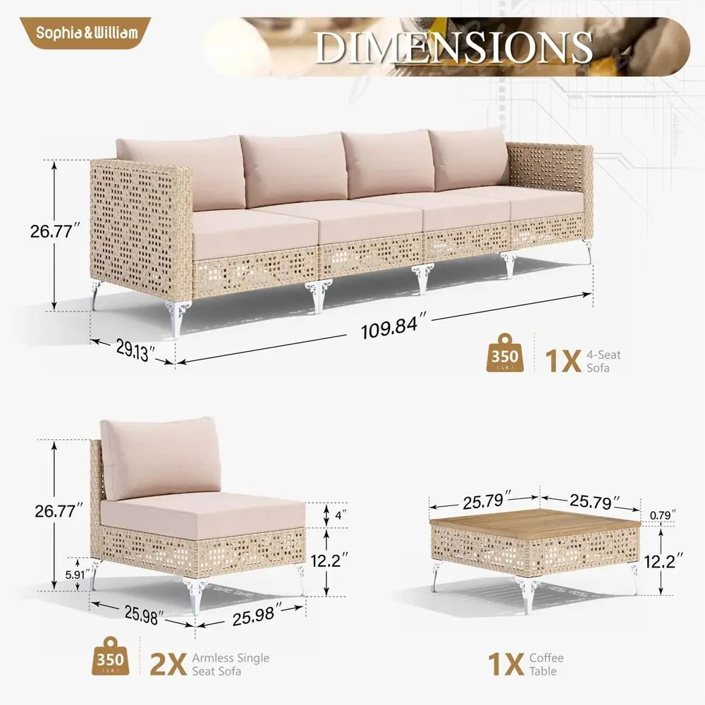 and William 7 Pieces Wicker Patio Sofa Set, Coffee Table, Beige