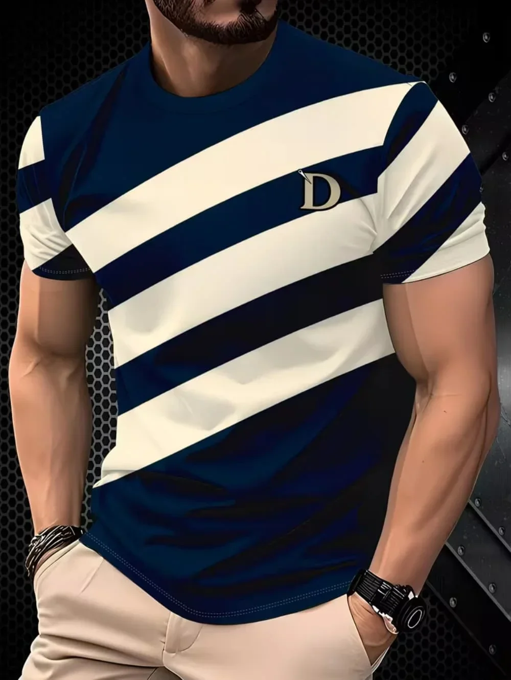 Fashion Men's Color Block T-shirt 3D Letter Print Patchwork Short Sleeve Vintage Classic Stripe Graphic Casual Streetwear Tops