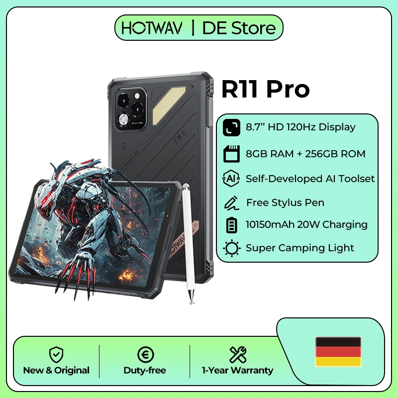 HOTWAV R11 Pro Android 16 robuuste tablet, 10150mAh batterij met enorme capaciteit, 20W snelladen, 8,7” HD 120Hz scherm, super campinglamp, Gemini Pad, 8GB RAM, 256GB ROM, 64MP + 16MP camera, 1080P,
