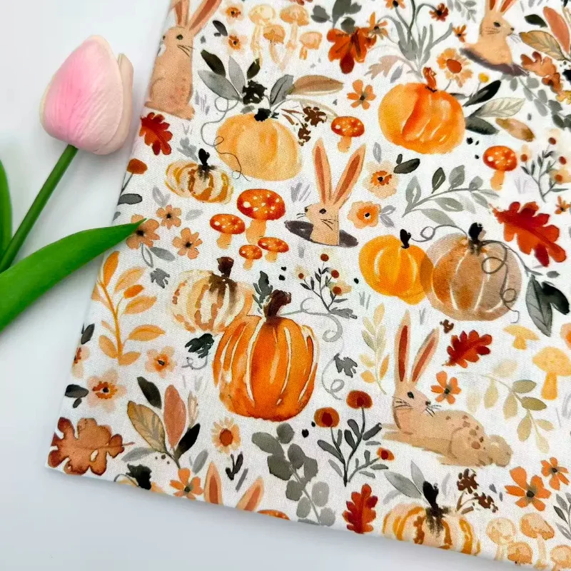 L100cm X W110cm Vintage Oil Painting Pumpkin Rabbit Pure Cotton Poplin Printed Fabric Handmade DIY Dress Tablecloth Material