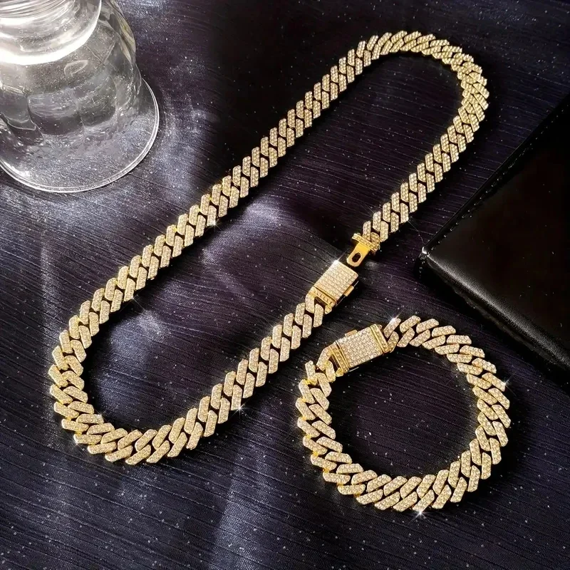 

2024 Men's Fashion Strip Cuban Chain Domineering Exaggerated Sparkling Rhinestone 12mm Hip Hop Bracelet Jewelry Set
