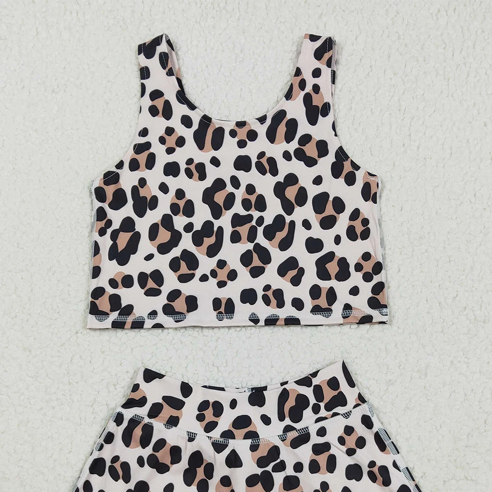 Ensemble jupe-short léopard sans manches pour bébés filles, vêtements actifs, haut de Yoga pour enfants, ensemble actif à la mode pour filles