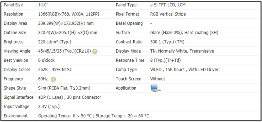 B140XTN02.D 14 Inch Laptop LCD Screen Panel Slim TN HD 1366x768 WXGA 60Hz EDP 30pins Antiglare 220 cd/m² 45% NTSC