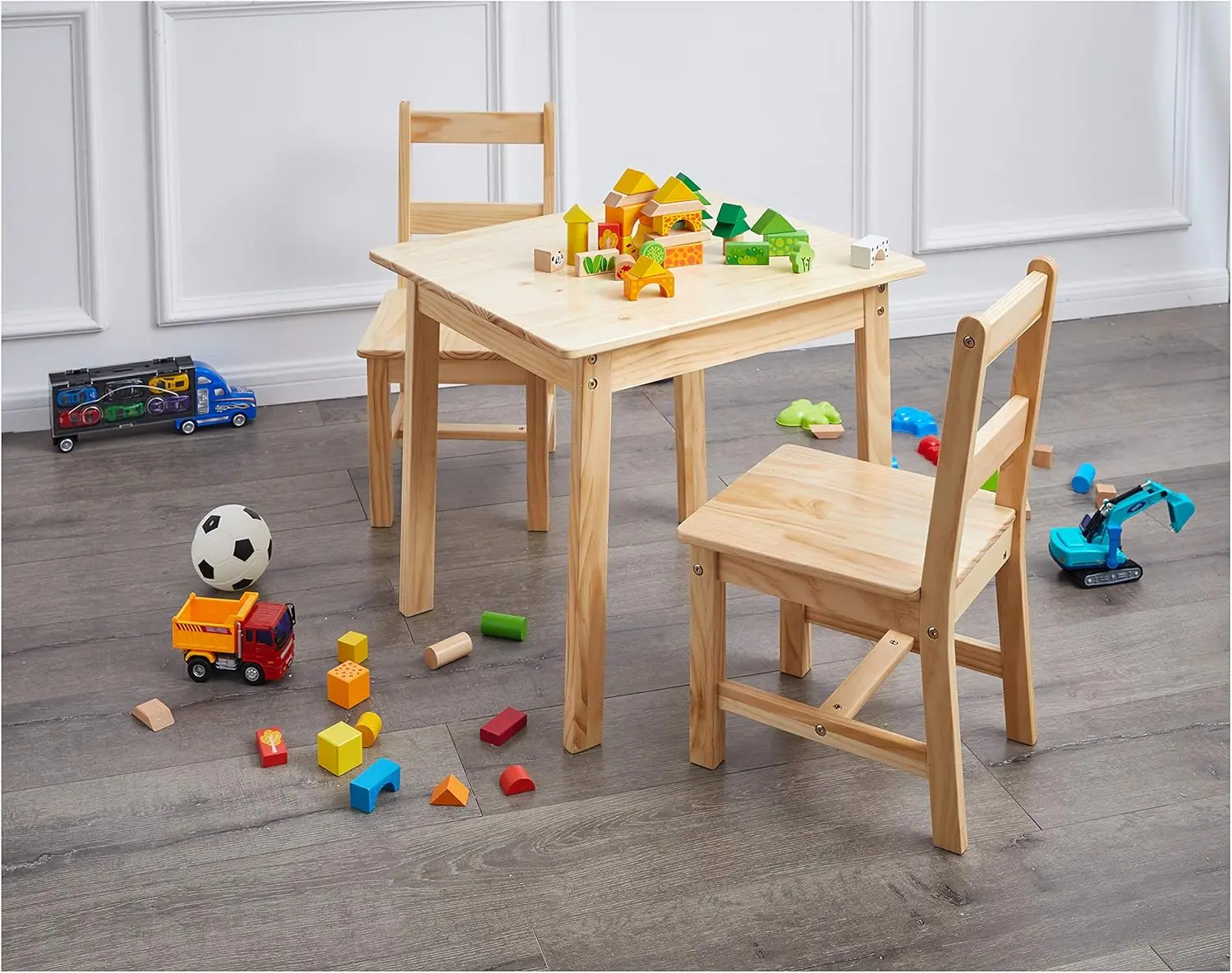 Conjunto infantil de madeira maciça e 2 cadeiras, 20x24x21 polegadas, 3 peças