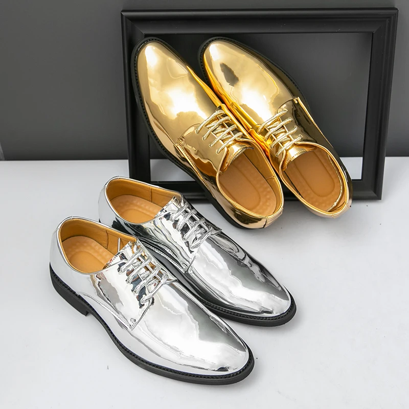 Classic Men Formal Shoes Gold Silver Lace Up Business Office Outdoor Performance Fashionable Leather Shoes Size 38-50 Men Shoes
