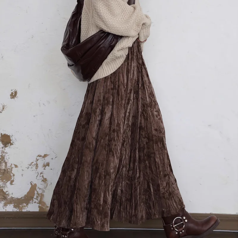 レトロヴィンテージ中国風エンボス加工ベルベット傘スカート女性用秋冬伸縮性ハイウエストロングマキシスカート